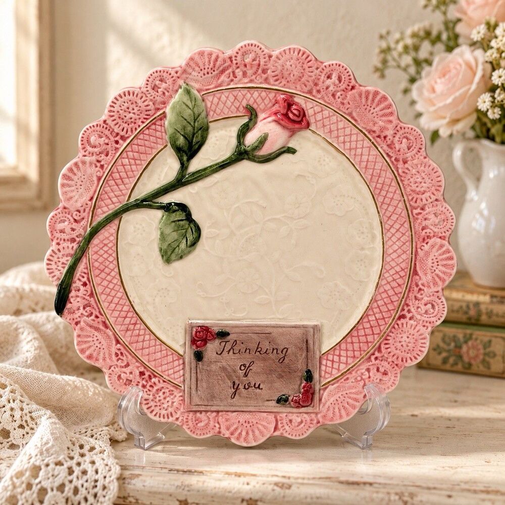 Vintage Fitz & Floyd Omnibus Thinking of You Pink Rose Plate 8.5” 1994 Cottage